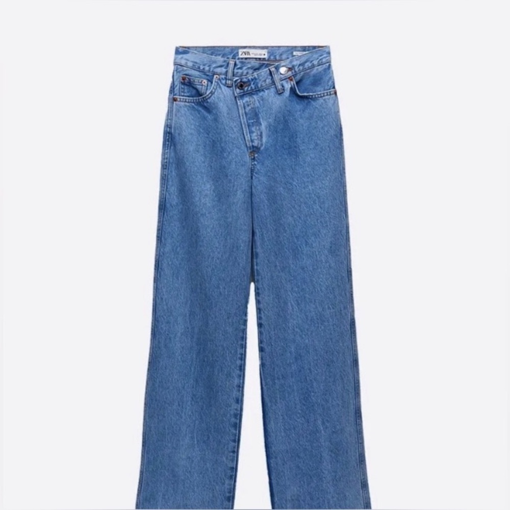 Zara High-Waisted Wide-Leg Asymmetrical Crossover Waistband Jeans